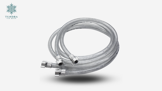 An image showcasing a 10-meter long hose with spring guard protection, ideal for extending reach to drainage points or connecting distant bathtubs to heating/cooling units. The spring guard ensures the hose remains kink-free, maintaining optimal water flow. Constructed from sturdy materials for durability, the hose is also lightweight and flexible, allowing for easy handling and positioning.